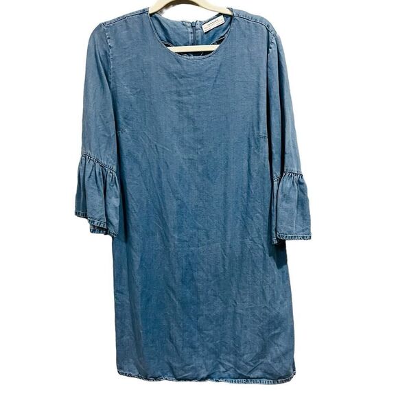 Zara Woman Premium Denim Collection chambray 3/4 bell sleeve dress Size Small - Picture 4 of 7